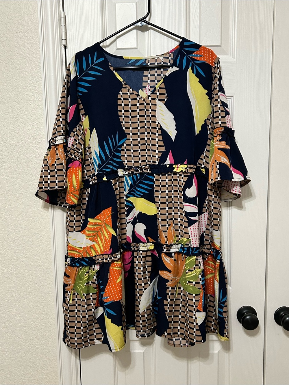 Navy Multi-Color Tiered Floral Swing Dress size XL oversized tropical summer NEW